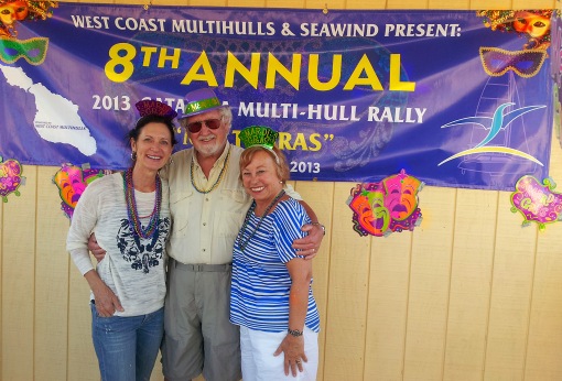 Lori Jerman, Lois Joy Hofmann, and Gunter Hofmann up on the bandstand for the 8th Annual Multihull Rally