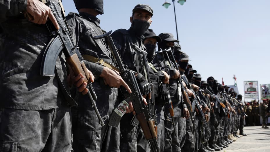 Houthi Soldiers, armed by Iran, trained by Hezbollah, a Lebanese Shia group